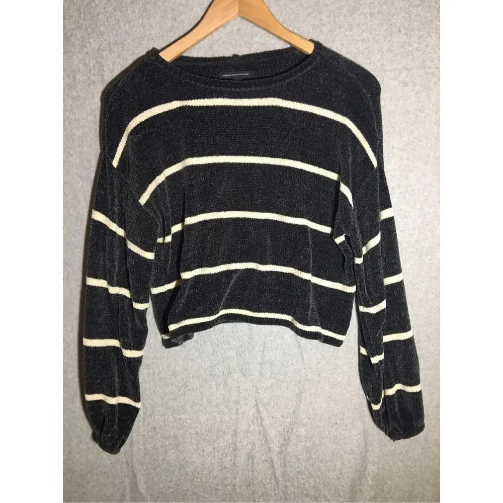 Womens American Eagle Sweater White Blue Striped Casual Cropped Boho Beachy